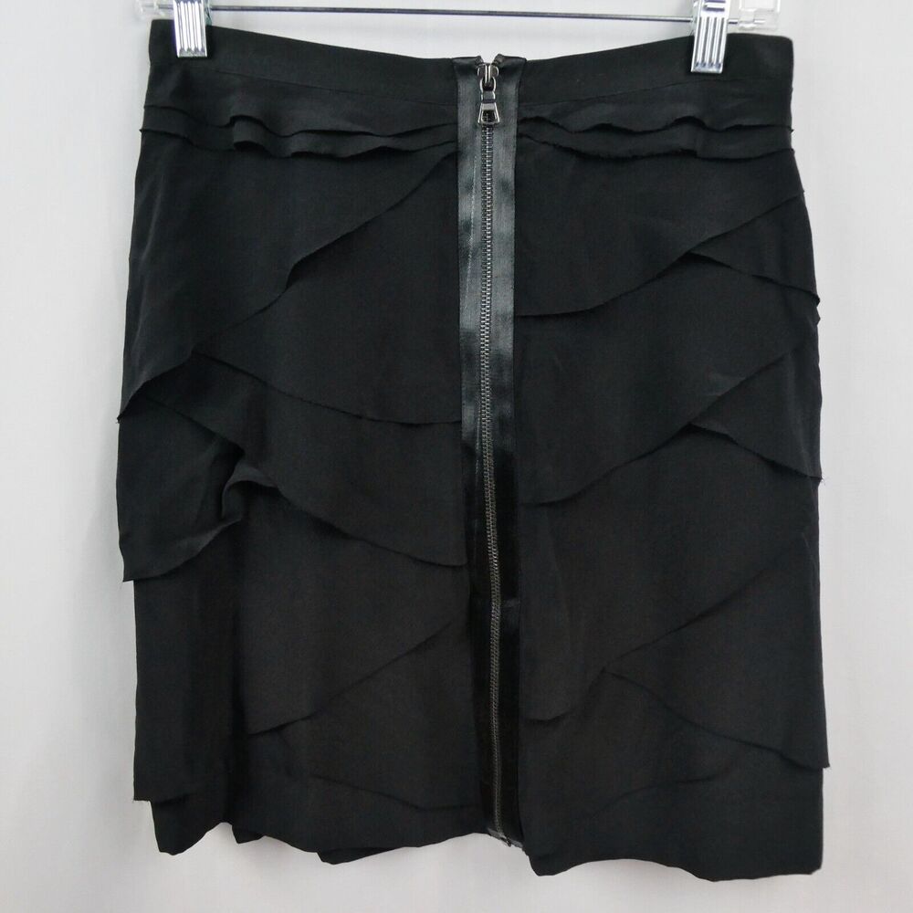 Robert Rodriguez Silk Exposed Zip Mini Skirt Sz 6 Black Tiered Chiffon